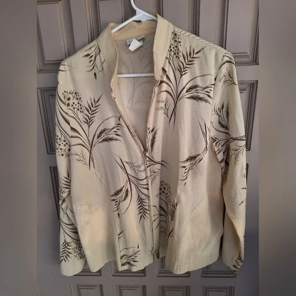 Classic Caribe Floral Beige Women's Jacket SzM Zip Front Pockets Rayon Blend